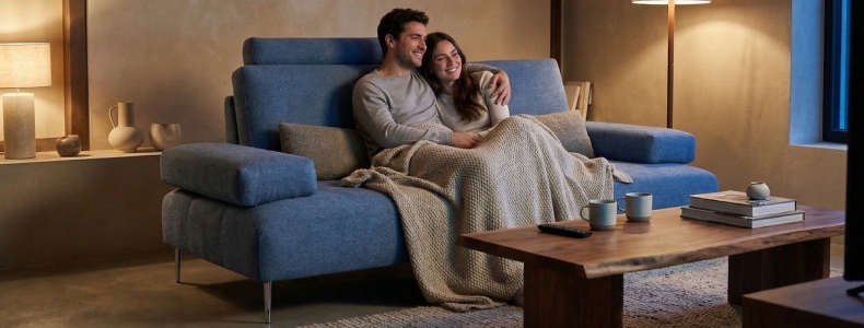 divano moderno blu in soggiorno elegante per relax serale